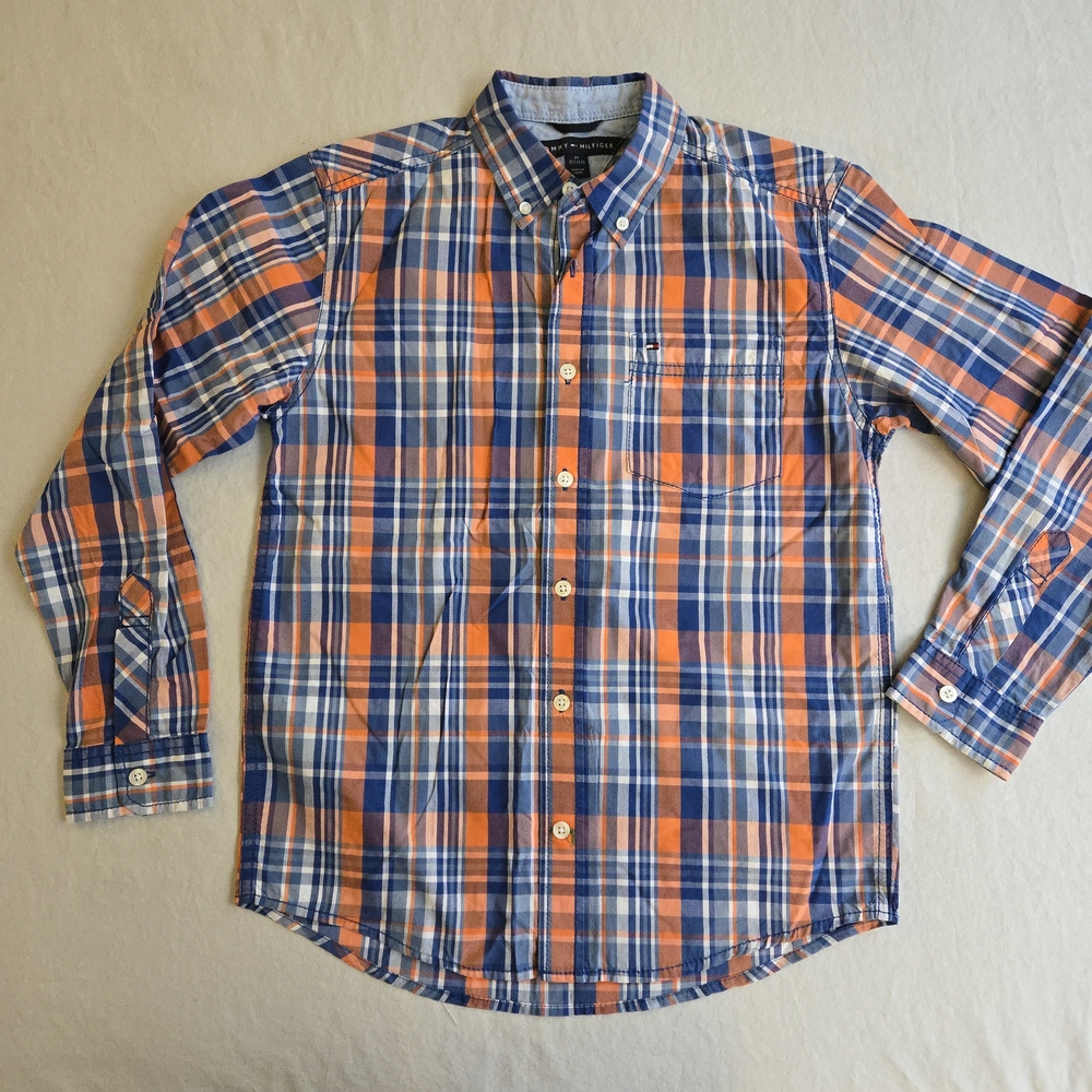 Tommy Hilfiger Boys Blue and Orange Plaid Cotton Button Down Shirt EB3